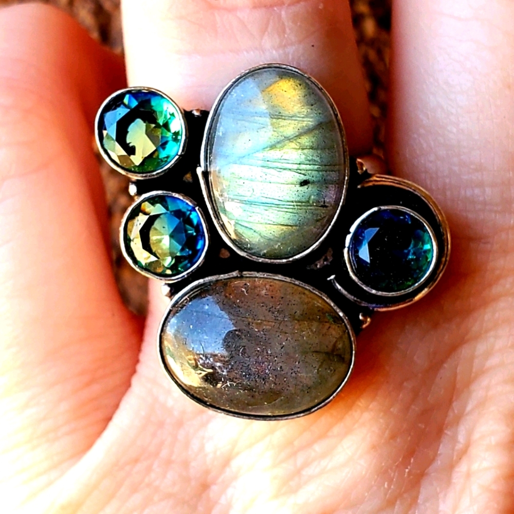 New Labradorite & Bi-Color Tourmaline Silver Ring.